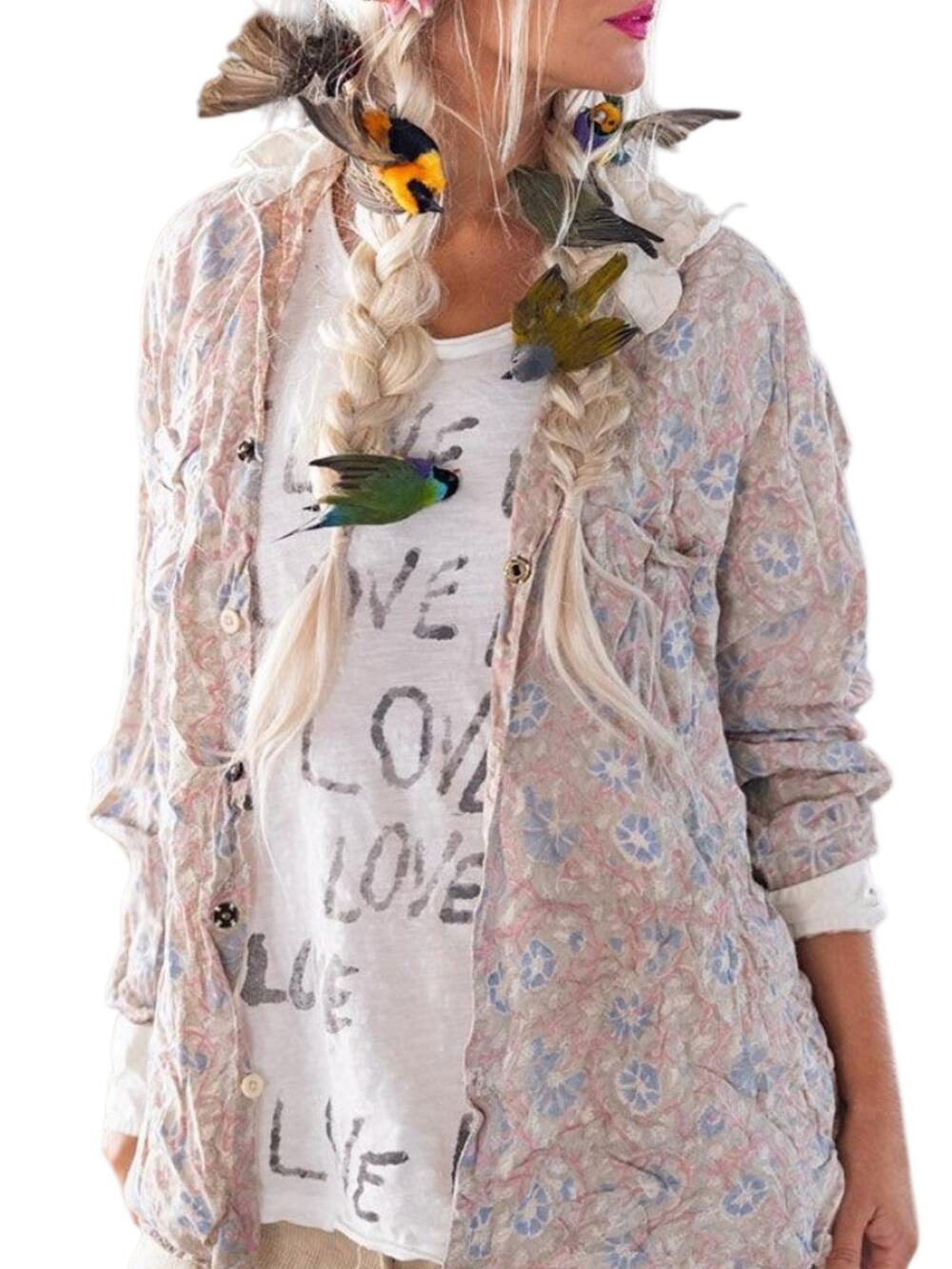 Magnolia Pearl Cream Tan Pink Blue Floral Cotton Boyfriend Shirt 943